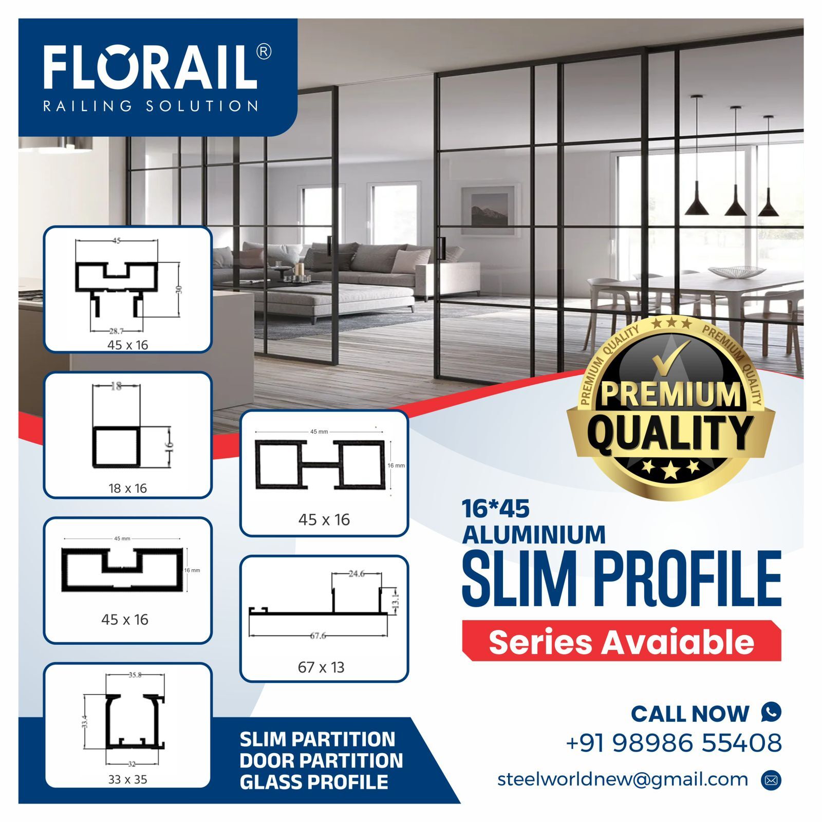 16x45 Slim Profile - Aluminium, 16f & 10f Length Options, Matt Black, Brush Rose Gold, Brush Gold, Brush Gray | Ideal For Sliding Door Use