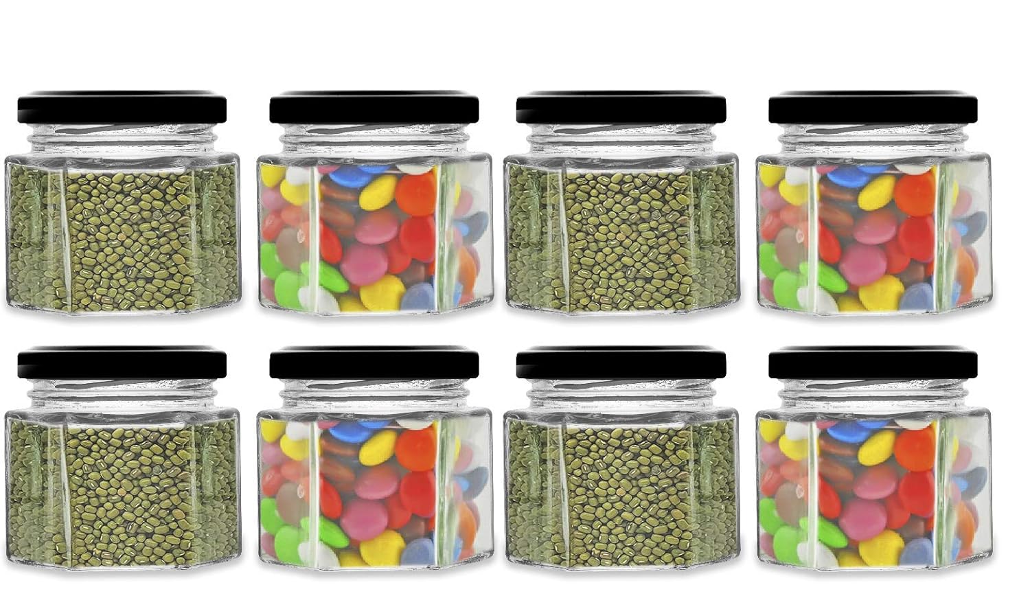 Croco Jar Hexagon Glass Jar 100ml - 12 Piece Set, Round Shape, Screw Type Plastic & Glass Cap | Clear, Ideal For Dry Fruits, Food Storage, Juice, Water
