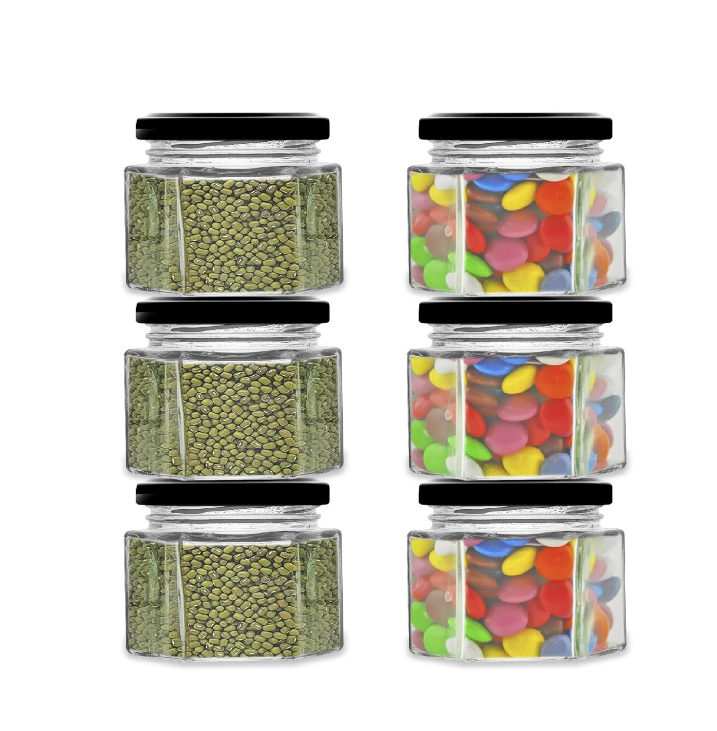 Croco Jar Hexagon Glass Jar 100ml - 12 Piece Set, Round Shape, Screw Type Plastic & Glass Cap | Clear, Ideal For Dry Fruits, Food Storage, Juice, Water