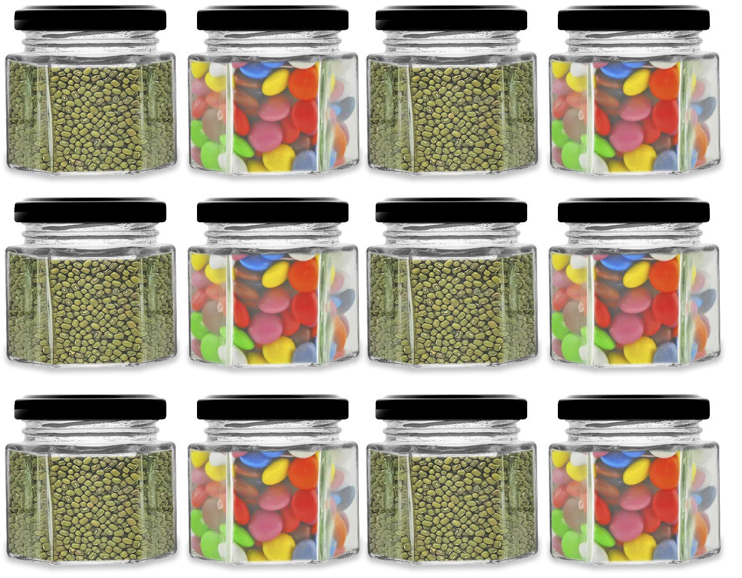 Croco Jar Hexagon Glass Jar 100ml - 12 Piece Set, Round Shape, Screw Type Plastic & Glass Cap | Clear, Ideal For Dry Fruits, Food Storage, Juice, Water
