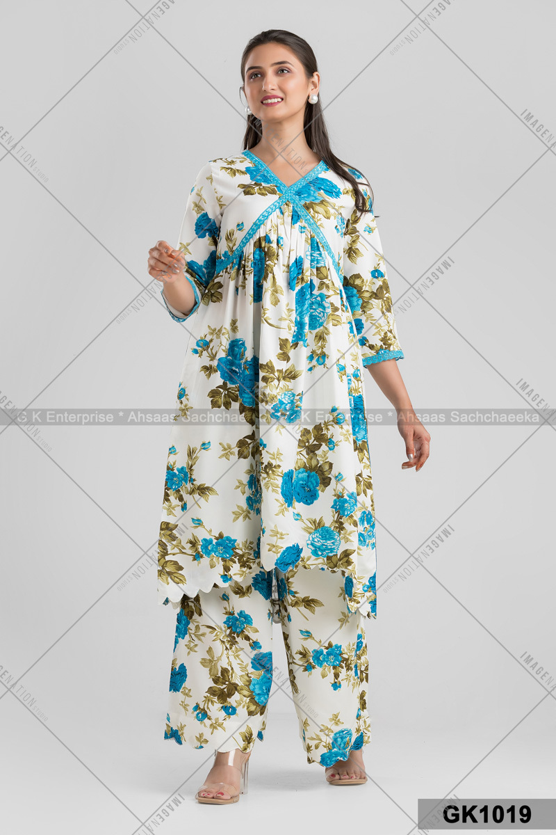 Ivory Kurta In Cotton Mall Base, Floral Print With Matching Plazzo Pant (Gk1019)