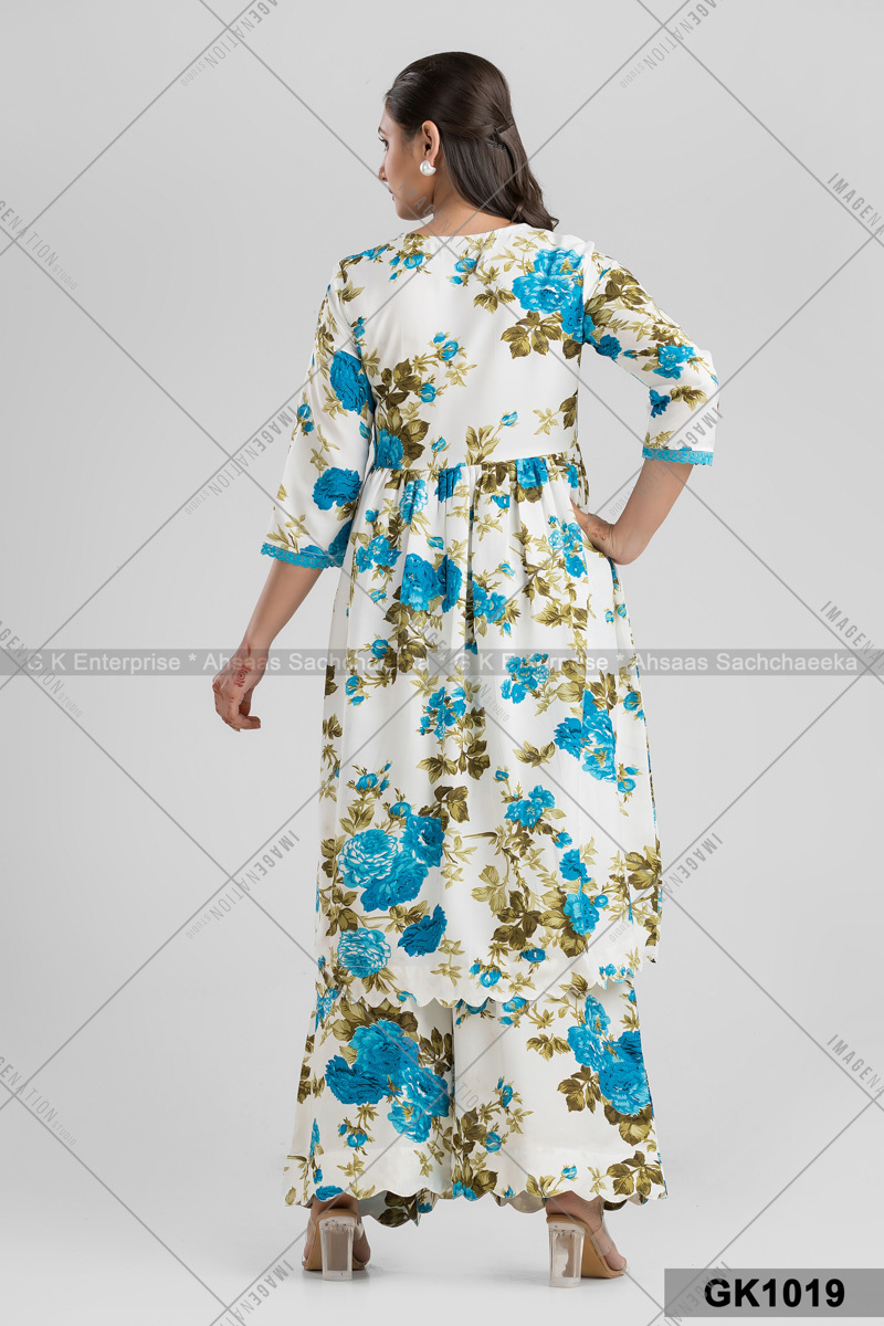 Ivory Kurta In Cotton Mall Base, Floral Print With Matching Plazzo Pant (Gk1019)