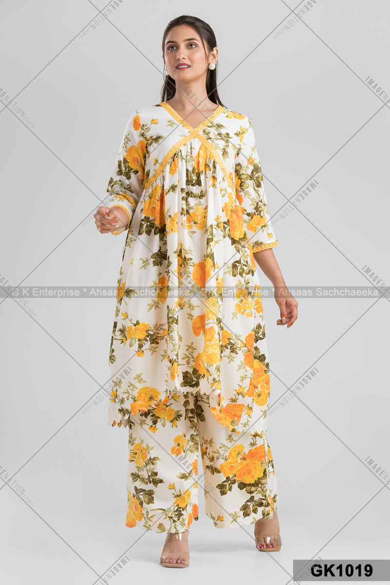 Ivory Kurta In Cotton Mall Base, Floral Print With Matching Plazzo Pant (Gk1019)