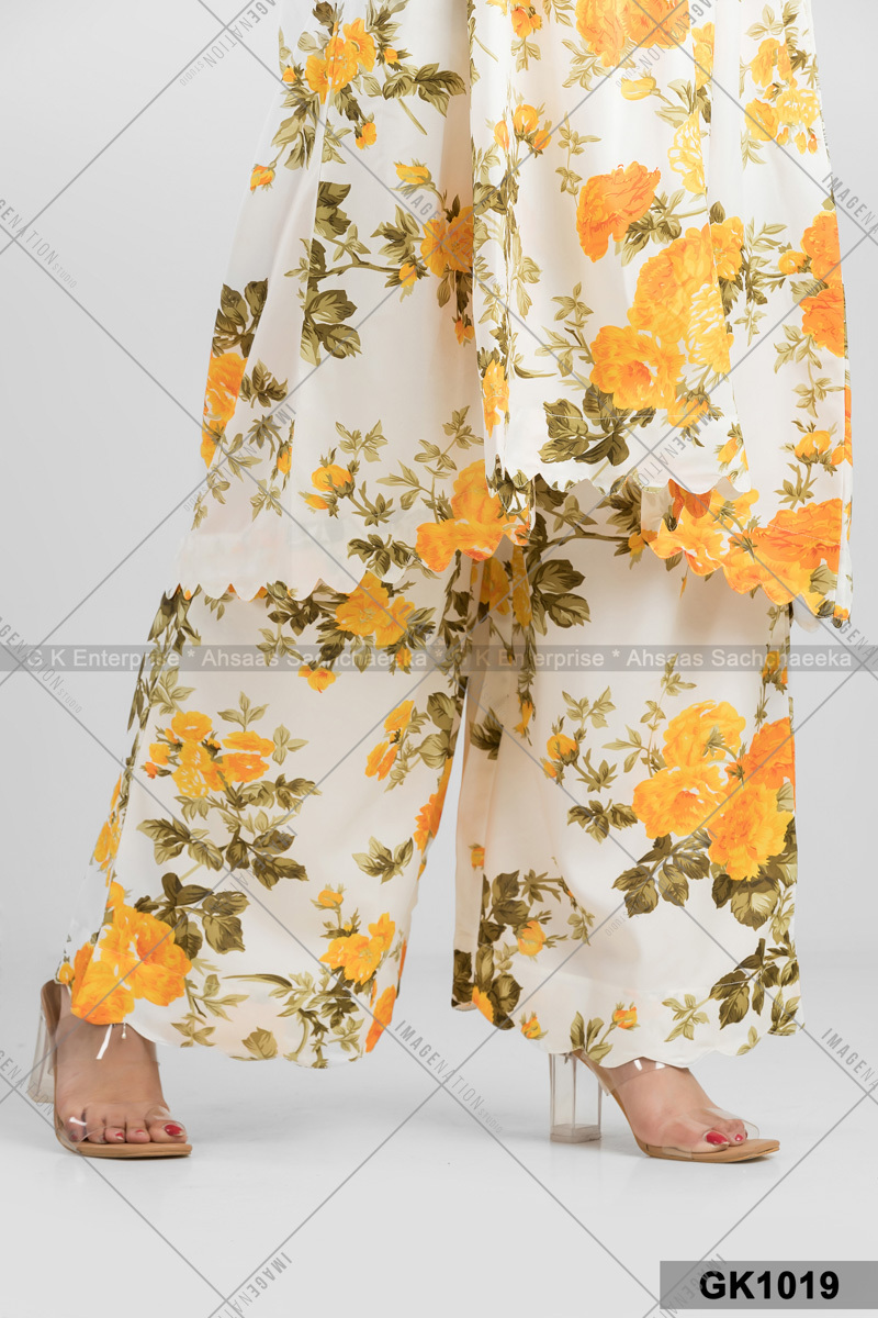 Ivory Kurta In Cotton Mall Base, Floral Print With Matching Plazzo Pant (Gk1019)