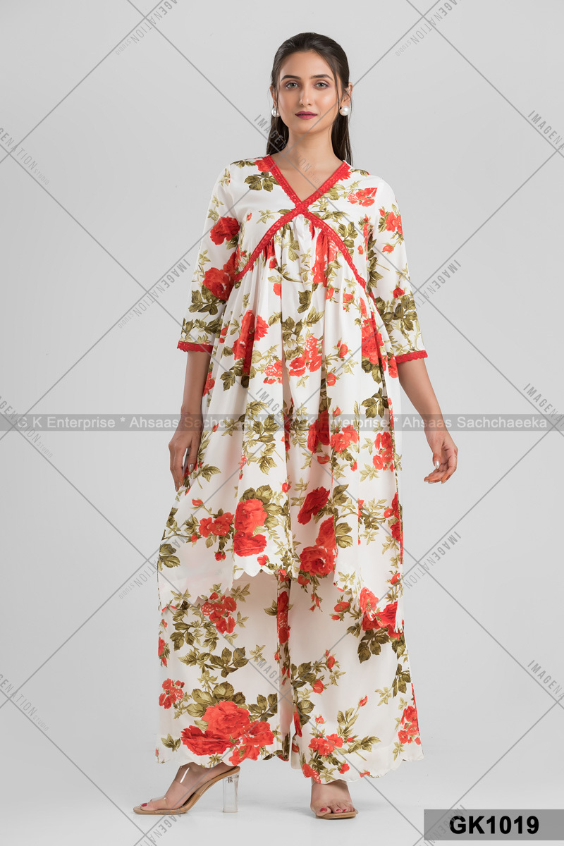 Ivory Kurta In Cotton Mall Base, Floral Print With Matching Plazzo Pant (Gk1019)