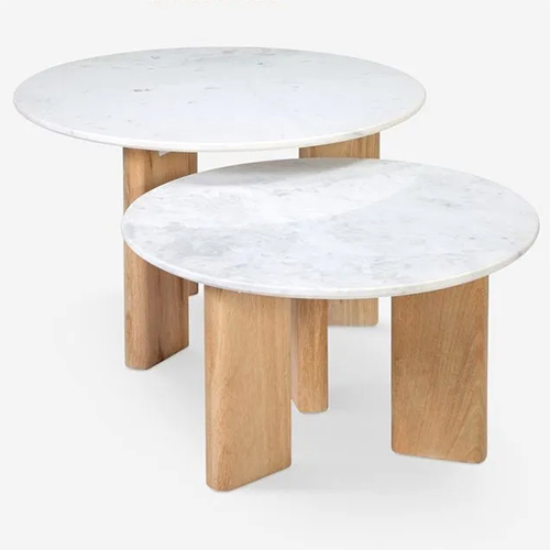 Josettle Round Nesting Coffee Table With White Marble - White Marble Top, Wood Base | Durable, Versatile Indian Style Design, Easy Assembly