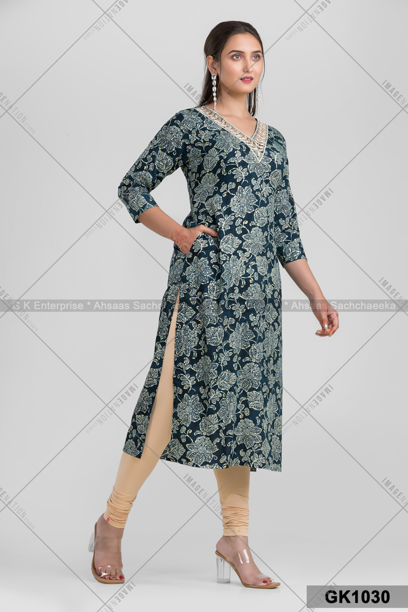 Cotton V Neck Kurti With Stone Works (Gk1030) - Color: Single