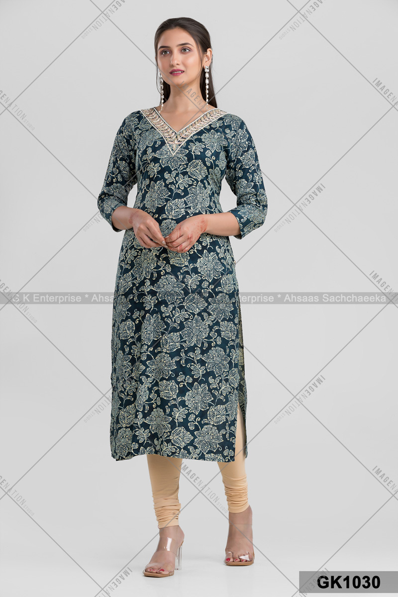 Cotton V Neck Kurti With Stone Works (Gk1030) - Color: Single