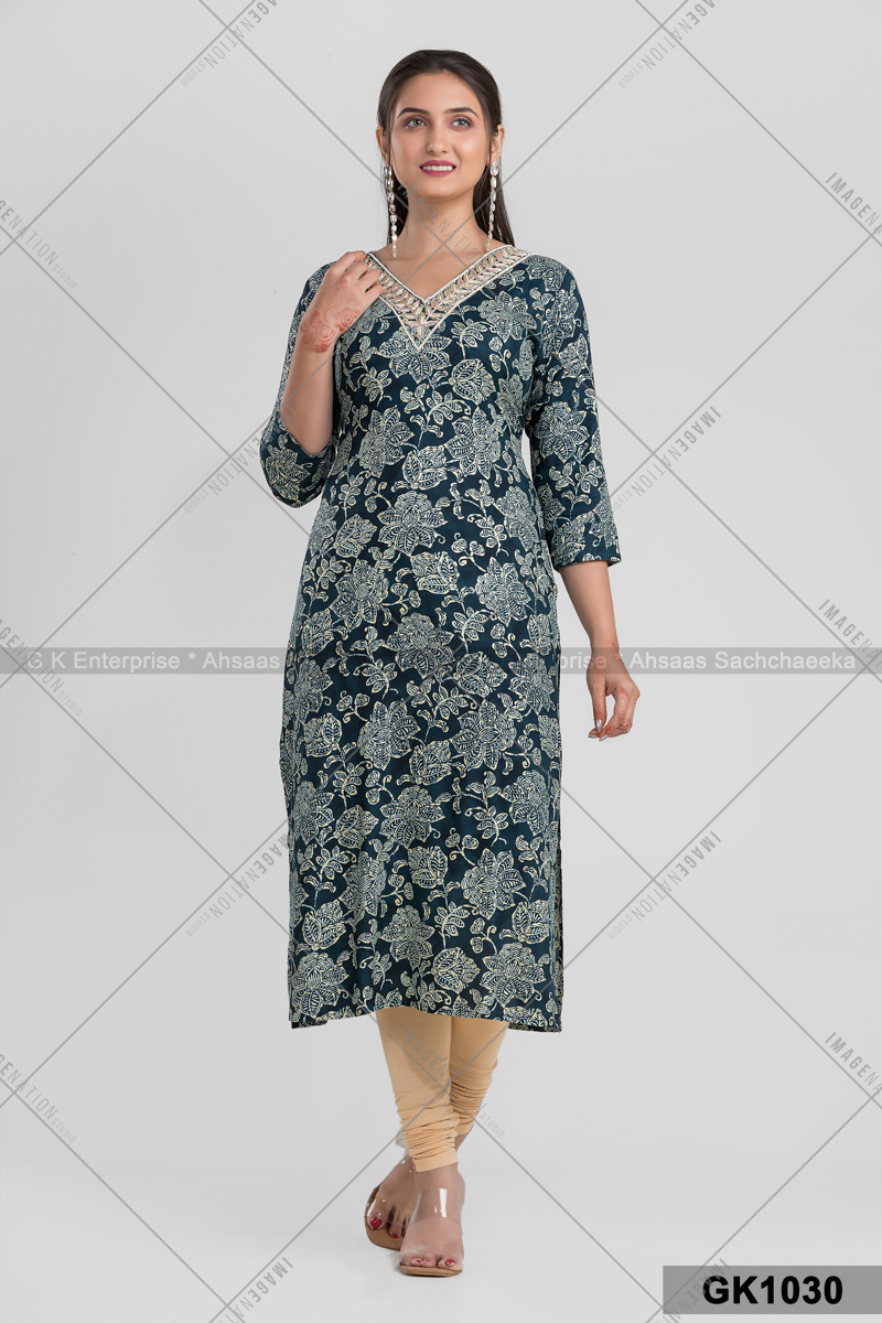 Cotton V Neck Kurti With Stone Works (Gk1030) - Color: Single